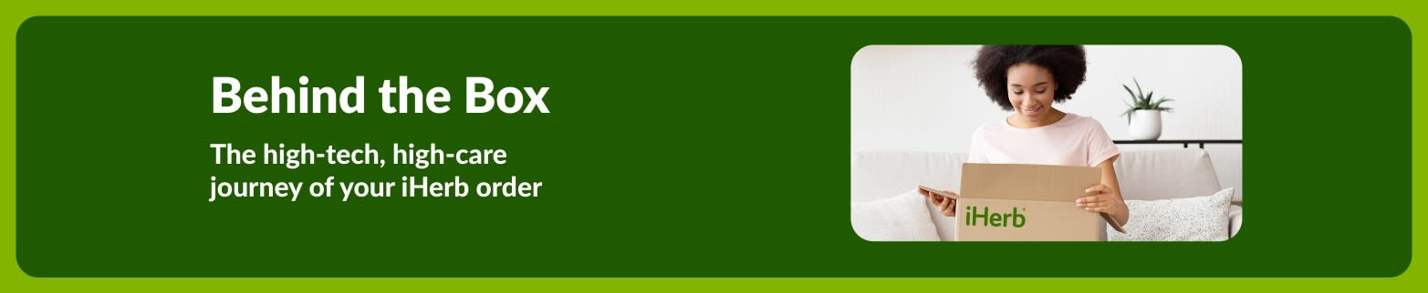 Banner for 'Behind the Box' article, showing woman opening an iHerb package and highlighting the order fulfilment journey.