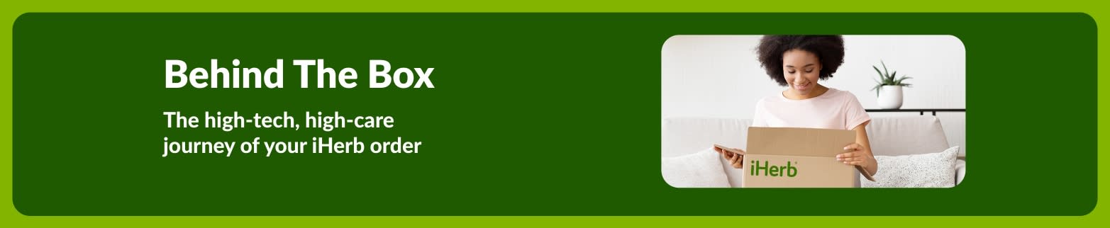 Banner for “Behind the Box” article, showing woman opening an iHerb package and highlighting the order fulfillment journey.