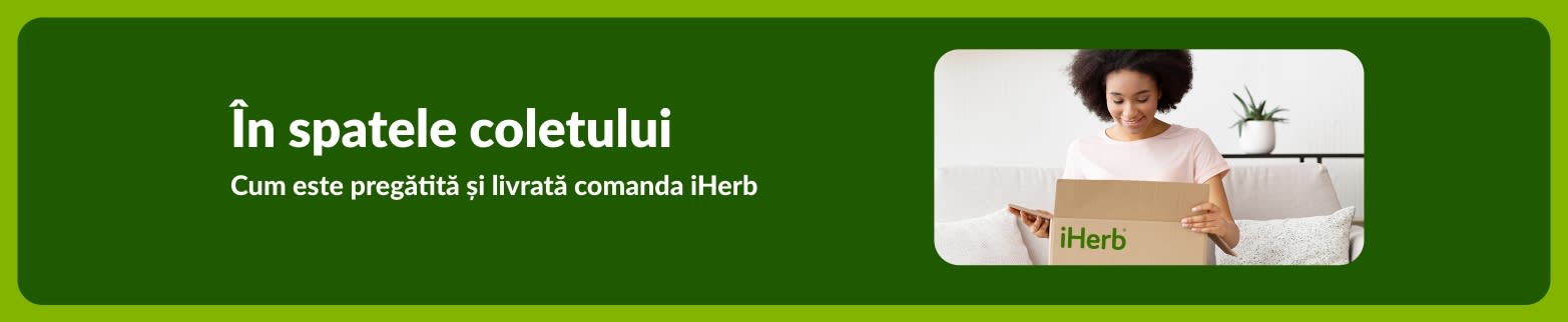 Banner pentru articolul „În spatele coletului”, cu femeie deschizând un colet iHerb și procesul de onorare a comenzii.