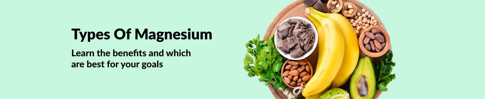 Banner about types of magnesium with foods rich in magnesium like bananas, nuts, avocado, and dark chocolate for health benefits.