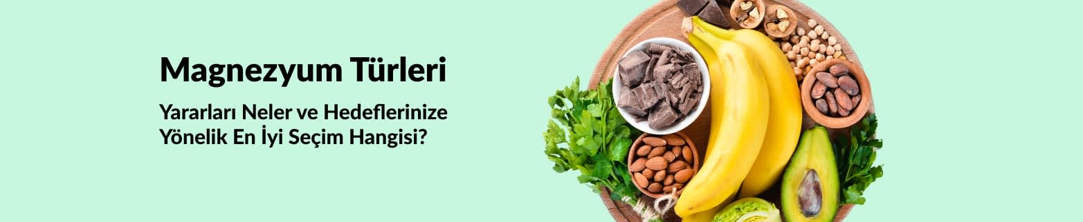 Banner about types of magnesium with foods rich in magnesium like bananas, nuts, avocado, and dark chocolate for health benefits.