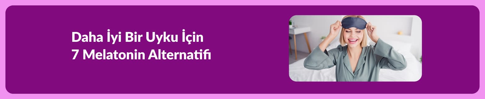 Banner promoting article on seven melatonin alternatives for better sleep, featuring smiling woman wearing a sleep mask in bed.