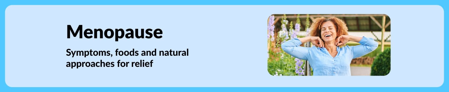 Menopause blog banner about symptoms, foods and natural relief, featuring a smiling woman relaxing outdoors.