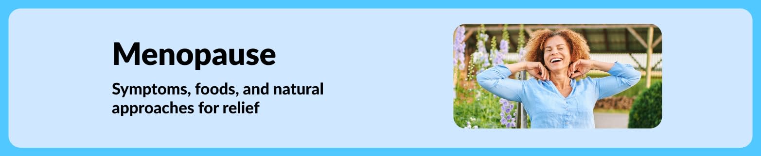 Menopause blog banner about symptoms, foods, and natural relief, featuring a smiling woman relaxing outdoors.