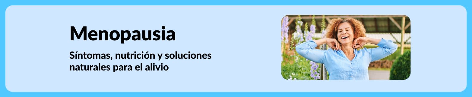 Banner sobre los síntomas de la menopausia, nutrición y alivio natural. Muestra a una mujer al aire libre.