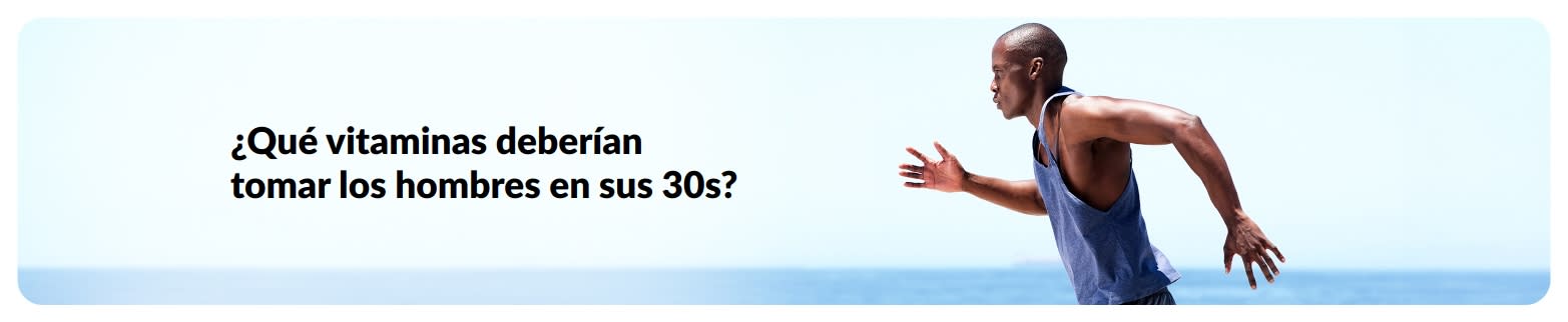 Banner de un artículo sobre las mejores vitaminas para hombres en sus 30s, con un corredor junto al mar.
