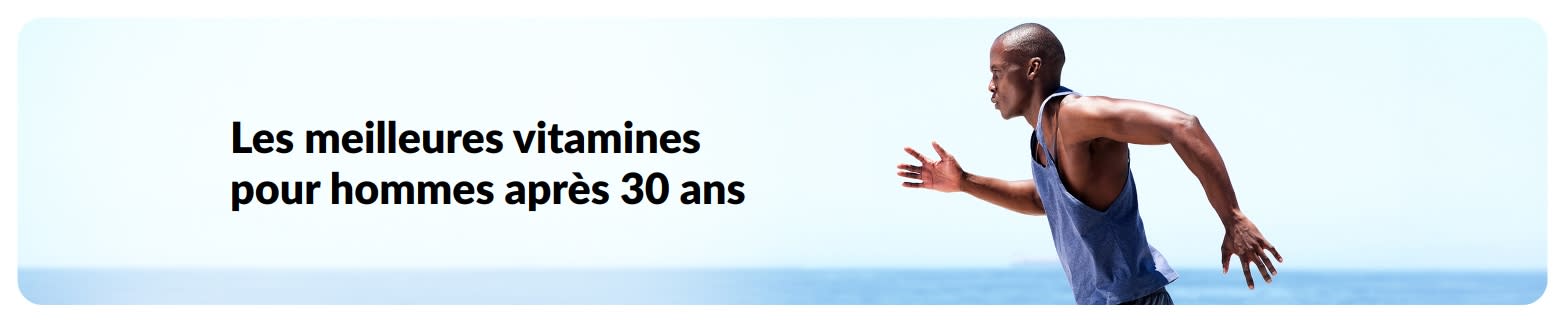 Bannière sur la santé masculine avec un coureur au bord de l’océan, mettant en avant les vitamines essentielles après 30 ans.