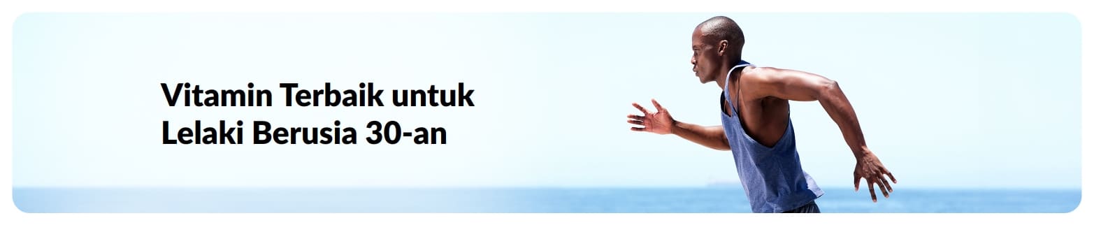 Sepanduk untuk artikel kesihatan lelaki menampilkan pelari di tepi laut, menerokai vitamin penting untuk lelaki berusia 30-an