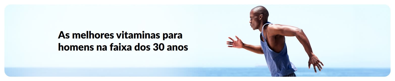 Banner de saúde masculina com um corredor à beira-mar, destacando vitaminas essenciais para homens acima dos 30 anos.