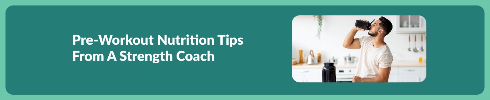 Man drinking pre-workout shake in kitchen, promoting pre-workout nutrition tips from a strength coach.