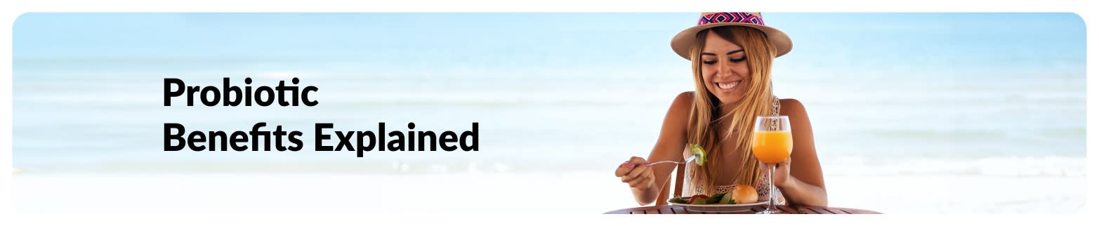 Banner for probiotic health article featuring a woman dining by the beach, highlighting probiotic benefits and wellness.