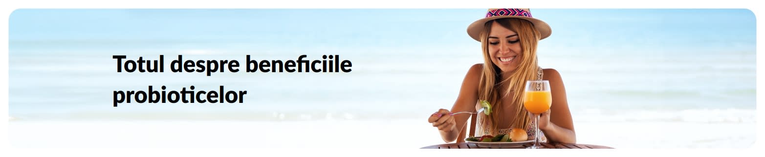 Banner despre sănătatea digestivă, cu femeie luând masa pe malul mării, evidențiind beneficiile probioticelor.