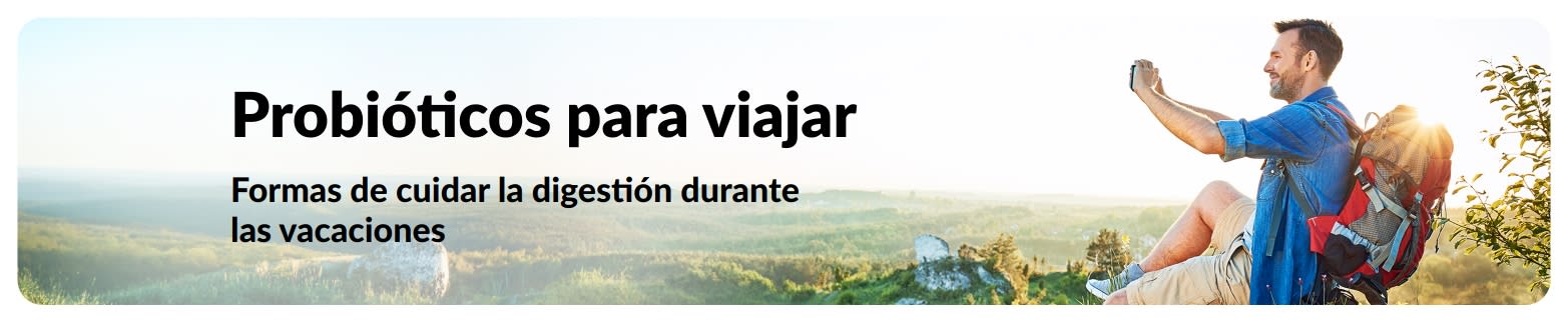 Banner de un artículo sobre probióticos para viajar de forma saludable en el que aparece un viajero tomando fotos.