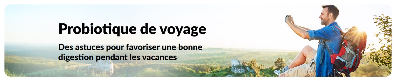 Bannière pour un article sur les probiotiques de voyage mettant en avant le soutien digestif en déplacement.