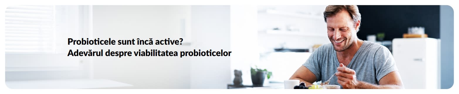 Banner cu articol despre viabilitatea probioticelor, cu ​​bărbat la micul dejun și text despre menținerea probioticelor viabile.