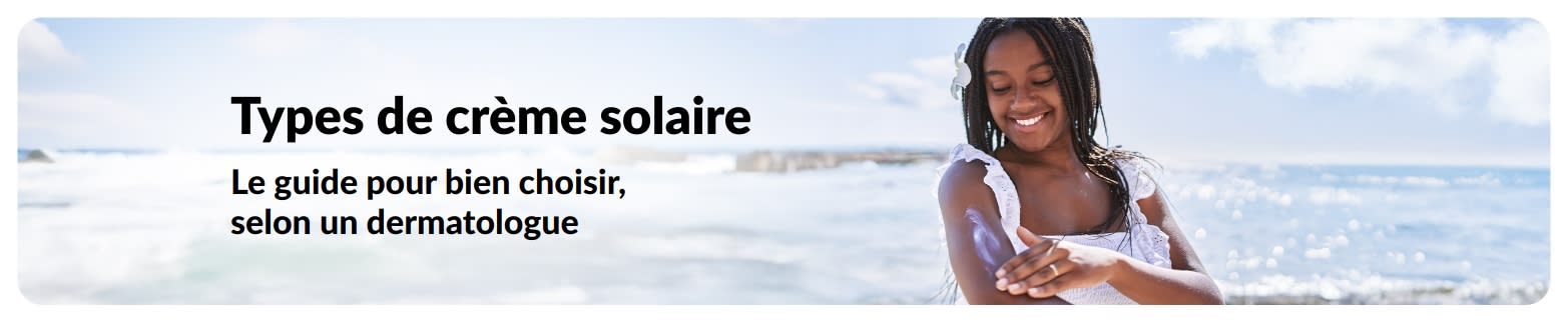 Bannière : femme appliquant de la crème solaire à la plage, avec texte sur le choix de la protection solaire.