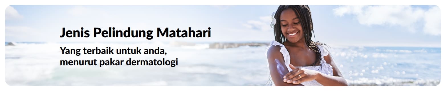 Sepanduk wanita menyapu pelindung matahari di pantai dengan teks jenis-jenis pelindung matahari dan pilihan yang terbaik.