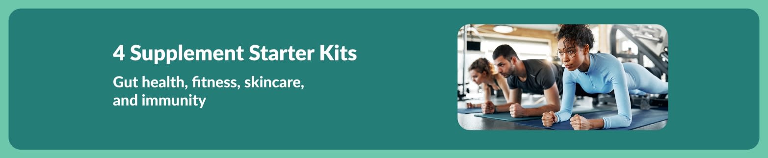 Banner promoting 4 supplement starter kits for gut health, fitness, skincare, and immunity, featuring people exercising in a gym.