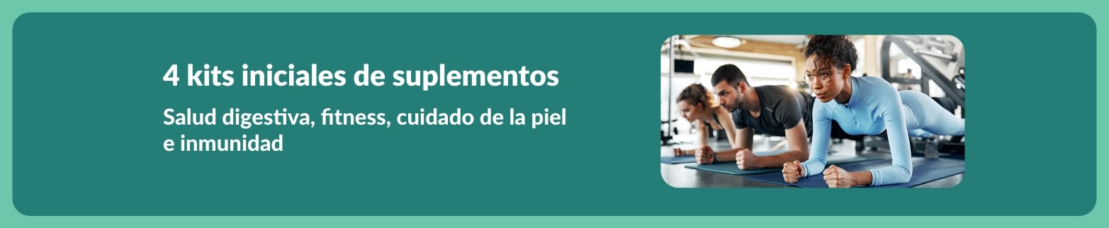 Banner que promociona 4 kits iniciales de suplementos para digestión, fitness, cuidado de la piel e inmunidad, con personas ejercitándose en un gimnasio.