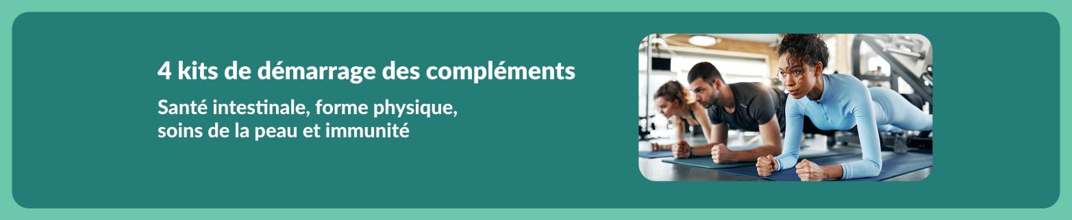 Banner promoting 4 supplement starter kits for gut health, fitness, skincare, and immunity, featuring people exercising in a gym.