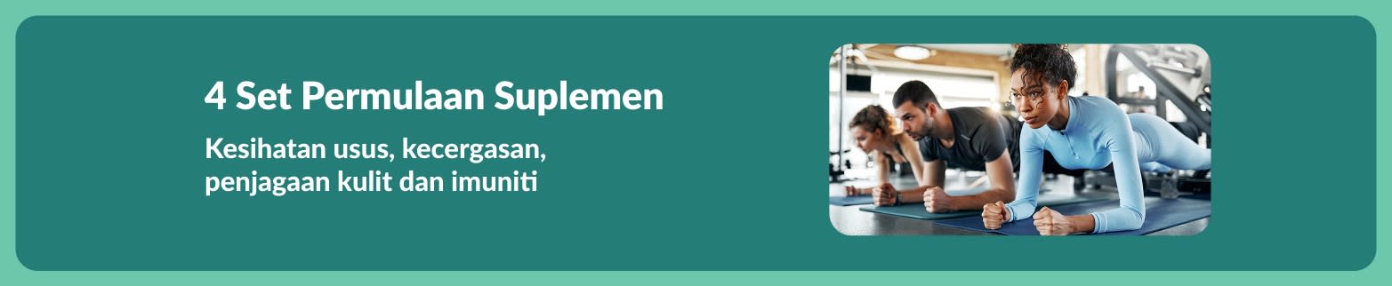 Sepanduk mempromosikan 4 set permulaan suplemen untuk kesihatan usus, kecergasan, penjagaan kulit dan imuniti, memaparkan imej orang bersenam di gim.