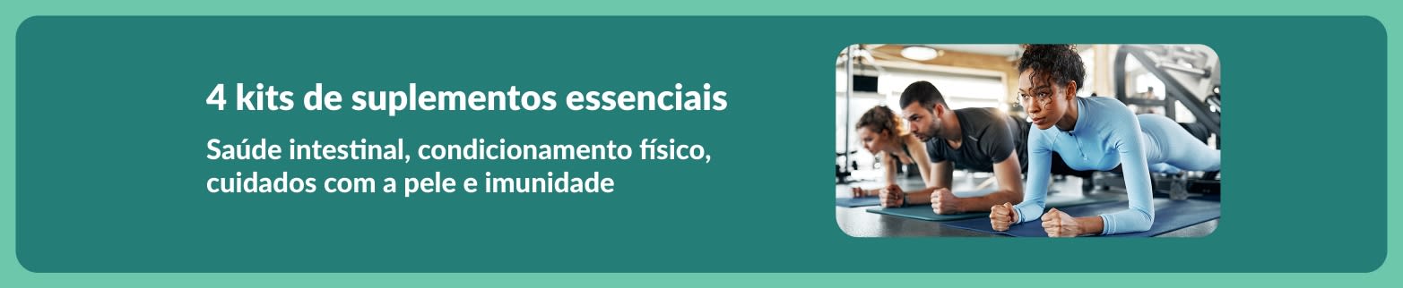 Banner que destaca 4 kits de suplementos essenciais para saúde intestinal, bem-estar, cuidados com a pele e imunidade, com pessoas se exercitando na academia.