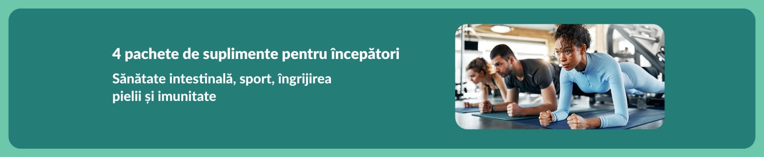 Banner cu 4 pachete de suplimente pentru începători (intestine, sport, piele și imunitate), cu persoane ce fac sport.