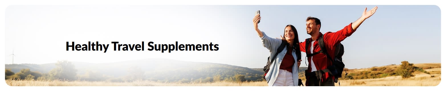 Banner for healthy travel supplements featuring two backpackers taking a selfie outdoors during a scenic trip.
