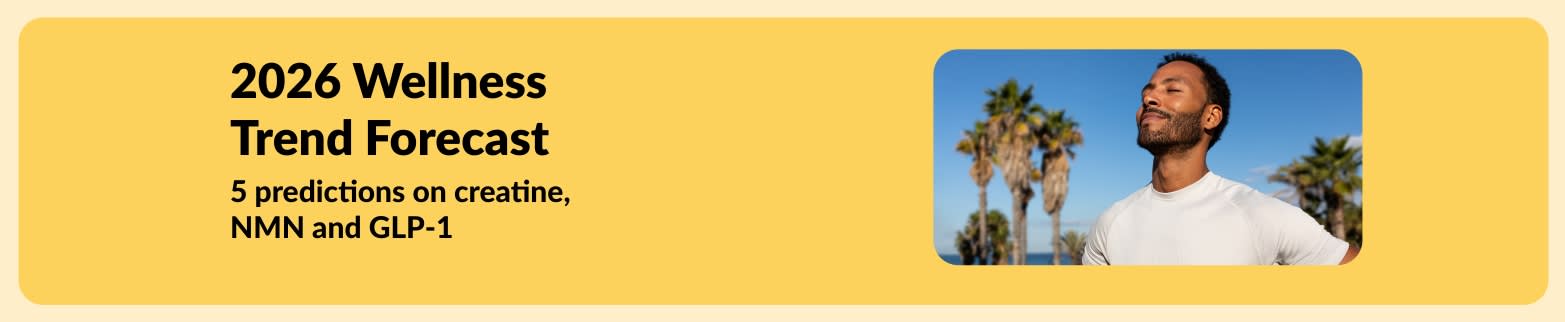 iHerb banner for 2026 wellness trend forecast, highlighting predictions on creatine, NMN and GLP-1, featuring man outdoors.