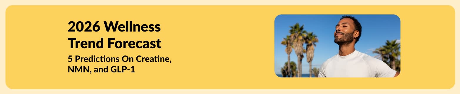 iHerb banner for 2026 wellness trend forecast, highlighting predictions on creatine, NMN, and GLP-1, featuring man outdoors