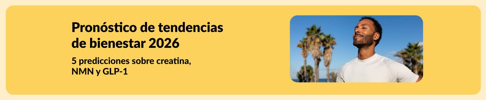 Banner de iHerb sobre las tendencias de bienestar 2026, destacando predicciones sobre creatina, NMN y GLP-1, con un hombre al aire libre.