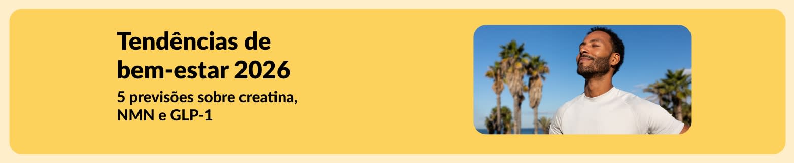 Banner da iHerb sobre a previsão de tendências de bem-estar para 2026, com destaque para previsões sobre creatina, NMN e GLP-1, com a imagem de um homem ao ar livre.