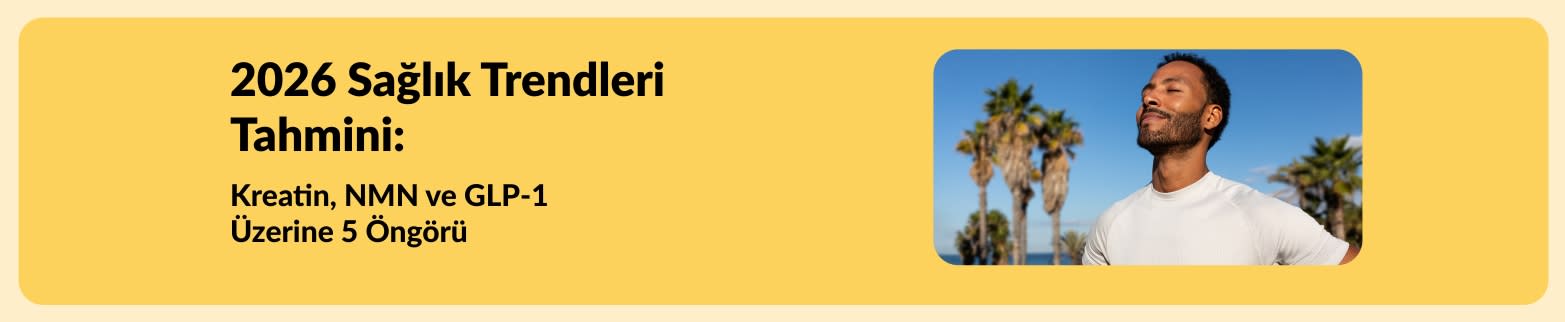 Kreatin, NMN ve GLP-1 öngörülerini öne çıkaran, açık havada bir erkek figürünün yer aldığı 2026 sağlık trendleri tahmini için iHerb banner’ı