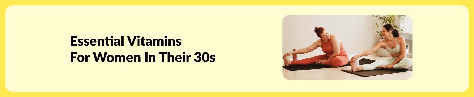 Blog banner about essential vitamins for women in their 30s, featuring two women stretching on yoga mats.