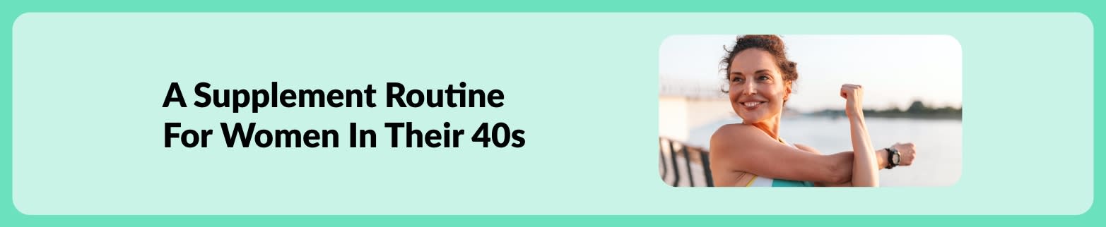 Banner for supplement routine for women in their 40s featuring active woman stretching outdoors.