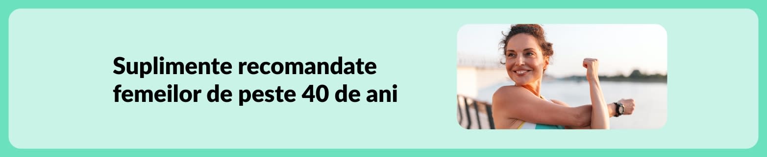 Banner pentru rutina de suplimente pentru femeile peste 40 de ani, cu o femeie activă care face stretching în aer liber.
