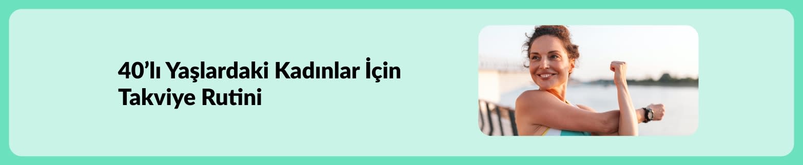 Açık havada esneyen aktif bir kadının yer aldığı, 40’lı yaşlardaki kadınlar için takviye rutini bannerı.