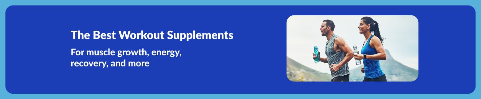 Banner promoting the best workout supplements for muscle growth, energy, and recovery, featuring two people running outdoors.