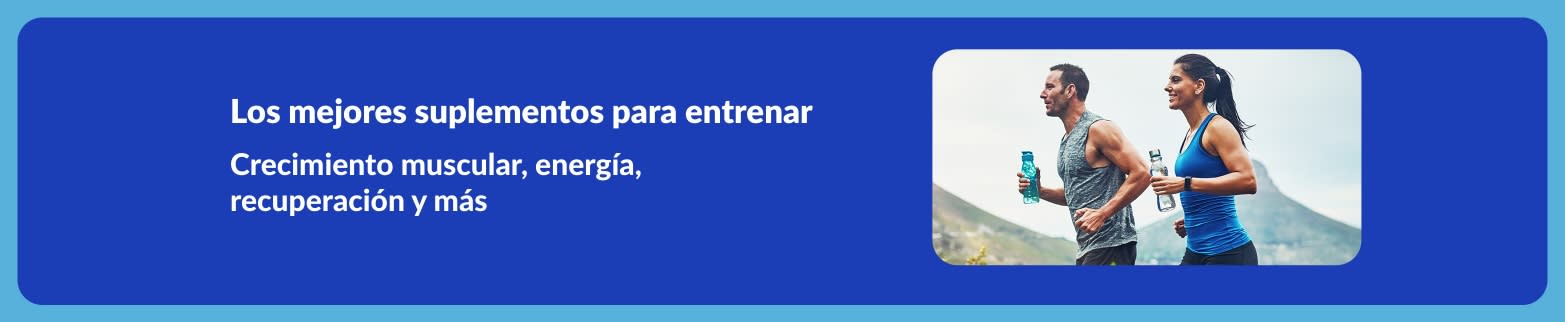 Banner de suplementos para entrenar. Dos personas corriendo al aire libre. Texto: 'Los mejores suplementos para entrenar: crecimiento muscular, energía y recuperación'.