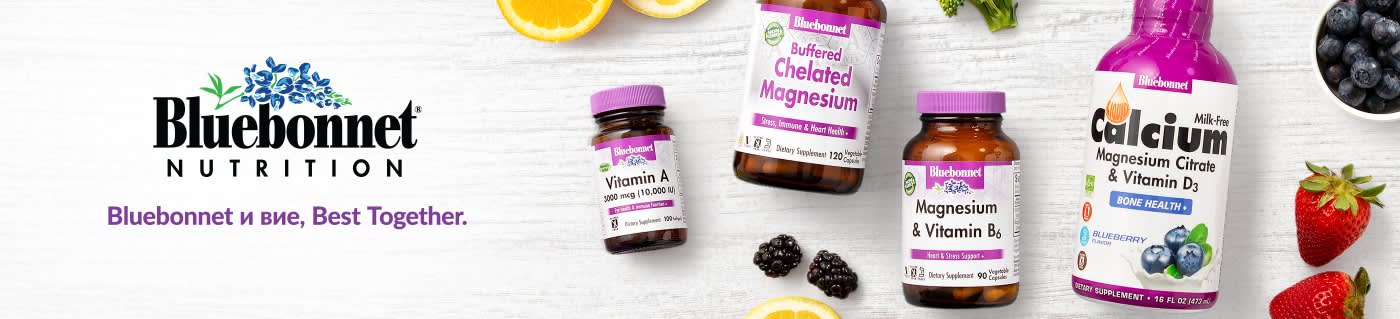 Bluebonnet Nutrition banner featuring supplements like Vitamin A, Magnesium, B6, and Liquid Calcium with fruits.