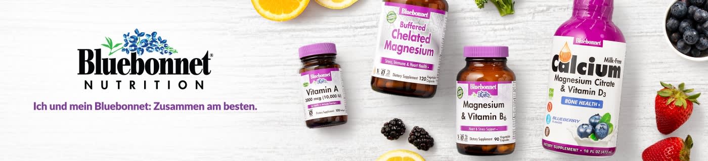Bluebonnet Nutrition banner featuring supplements like Vitamin A, Magnesium, B6, and Liquid Calcium with fruits.