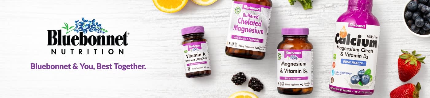 Bluebonnet Nutrition banner featuring supplements like Vitamin A, Magnesium, B6, and Liquid Calcium with fruits.