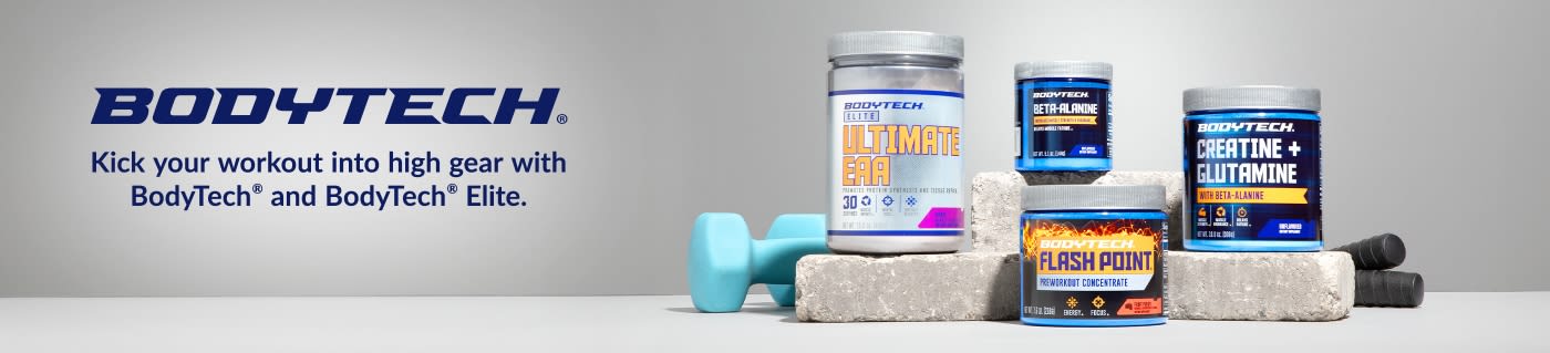 BodyTech banner featuring workout supplements like EAA, beta-alanine, creatine, and pre-workout to boost fitness performance.