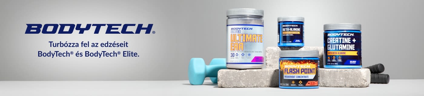 BodyTech banner, amely olyan edzéskiegészítőket tartalmaz, mint az EAA, a béta-alanin, a kreatin és az edzés előtti kiegészítők, amelyek javítják a fizikai teljesítményt.