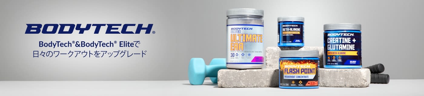 BodyTech banner featuring workout supplements like EAA, beta-alanine, creatine, and pre-workout to boost fitness performance.