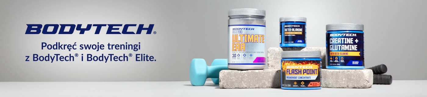 BodyTech banner featuring workout supplements like EAA, beta-alanine, creatine, and pre-workout to boost fitness performance.