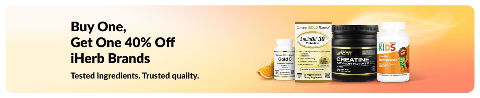 BOGO 40% off iHerb brands banner with products, promoting trusted quality and tested ingredients.