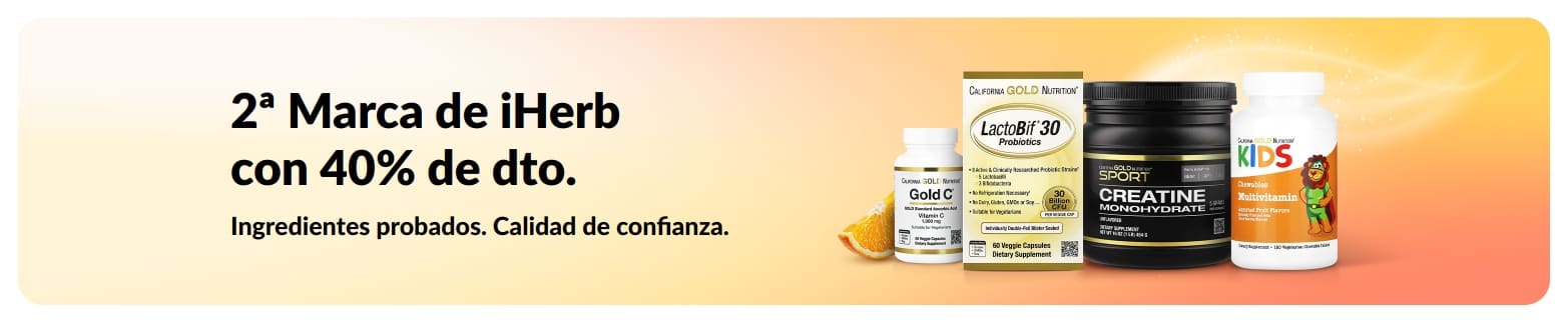 Banner con el texto “2ª Marca de iHerb con 40% de dto.” que destaca la calidad de confianza y los ingredientes probados.