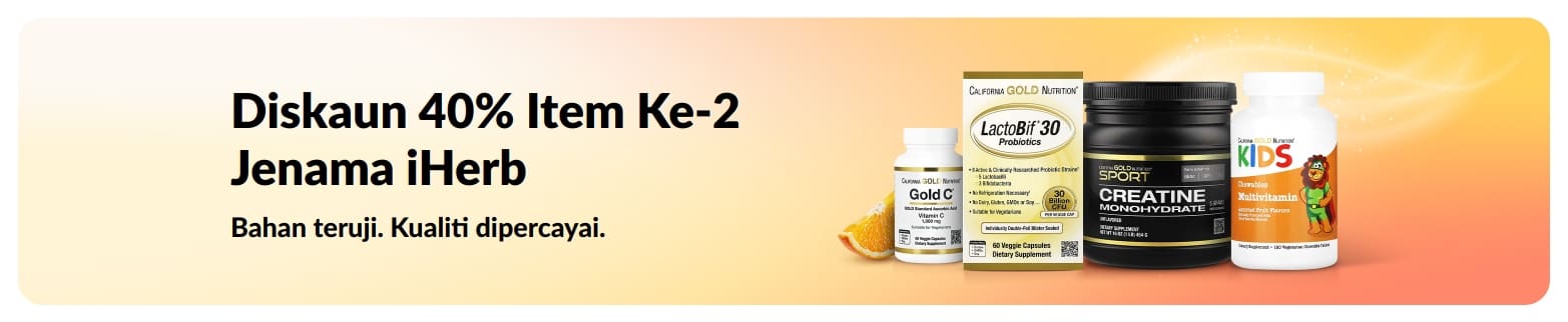 Sepanduk diskaun 40% Item Ke-2 jenama iHerb dengan produk, mempromosikan qualiti dipercayai dan bahan teruji.