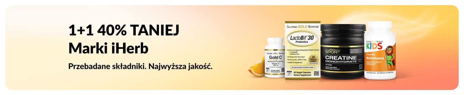 Baner „1+1 40% taniej” na marki iHerb; grafika przedstawia produkty oraz hasła promujące zaufaną jakość i przebadane składniki.